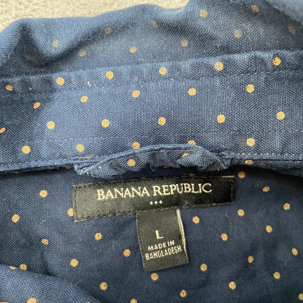 Banana Republic Mens Large Navy Blue Polka Dot Cotton Button Down Shirt 4783